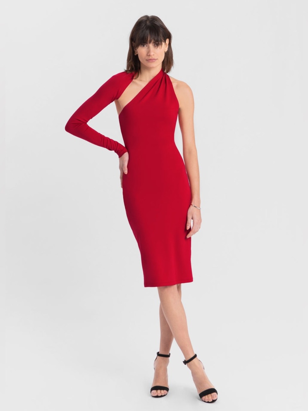 Marcella NYC Manhattan One Shoulder Midi Bodycon Dress Red Size Medium